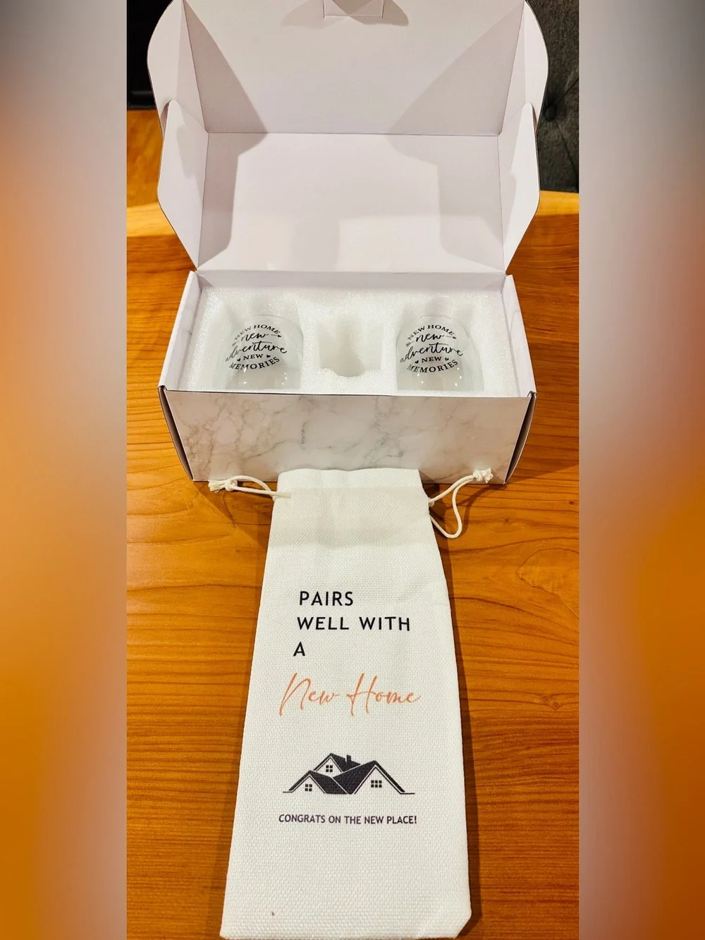 New Home Housewarming Gift 2x Stemless Wine Glasses “Pairs Well” Bottle Bag Box